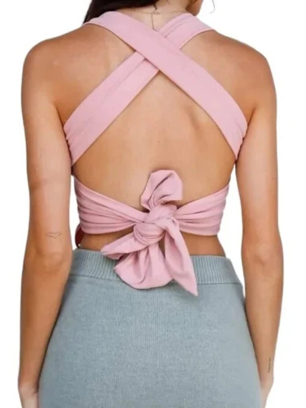 Le Lis Smocked Criss-Cross Back Self-Tie Strap Sleeveless Crop Top Mauve Pink